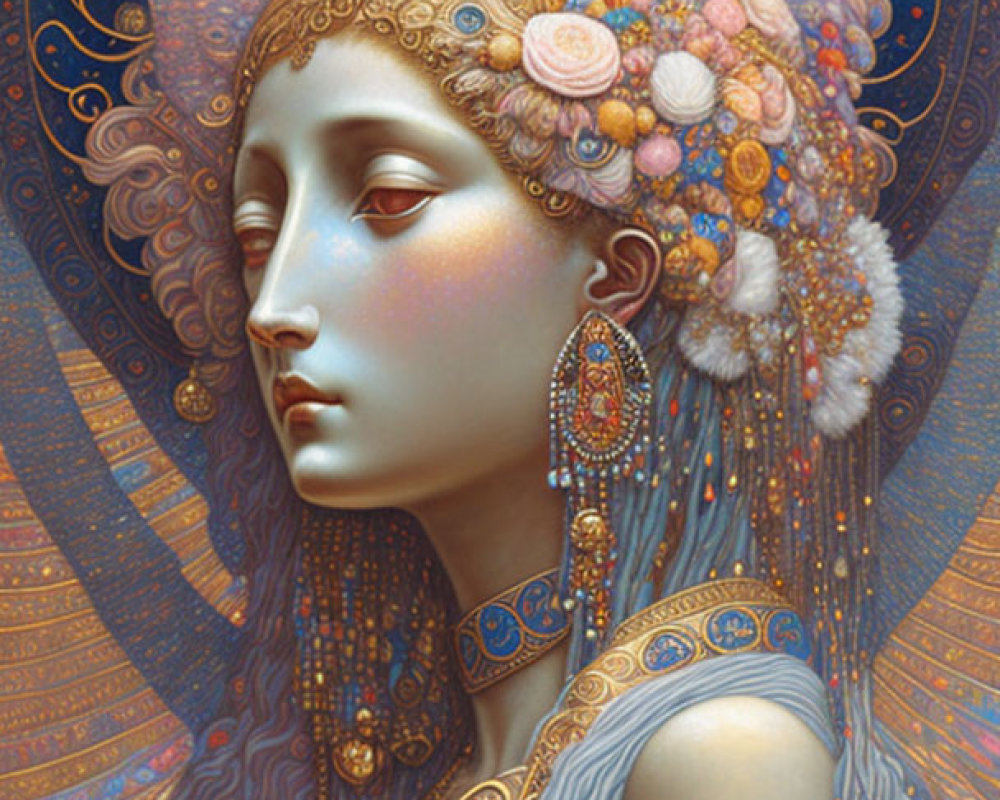 Ethereal portrait of woman with long flowing hair and intricate jewelry, surrounded by pastel florals