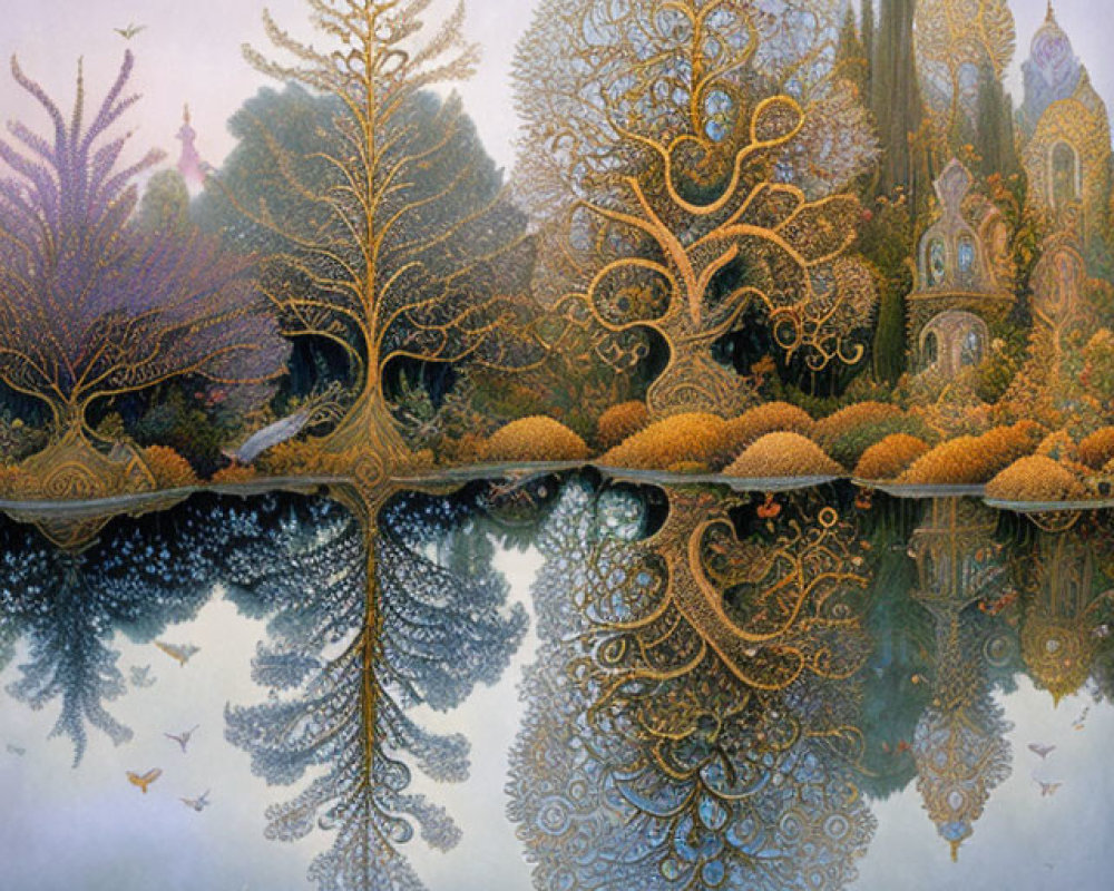 Fantastical landscape with ornate trees, tranquil lake, moon, and delicate butterflies