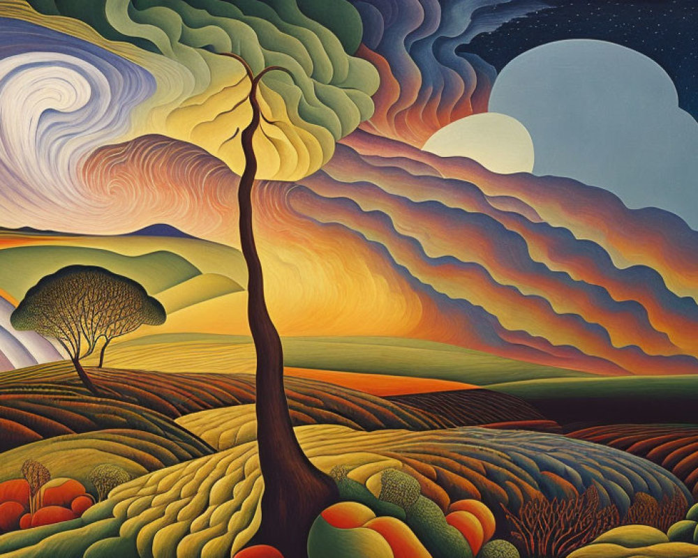 Surreal landscape painting with swirling skies and large moon