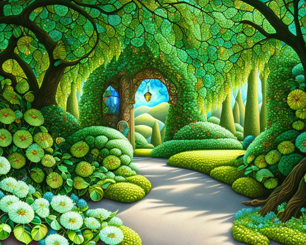 Colorful Illustration: Whimsical Forest Path with Bright Flowers & Mysterious Tree Door