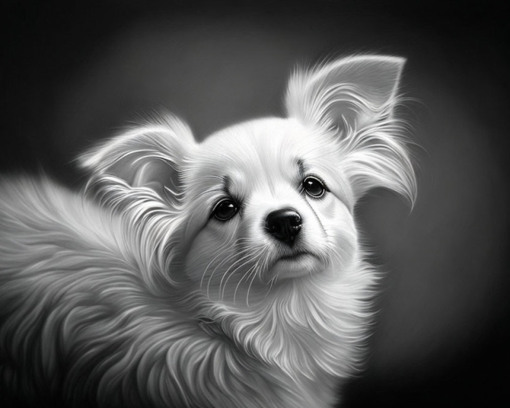 Monochrome digital portrait of fluffy dog with expressive eyes and perky ears
