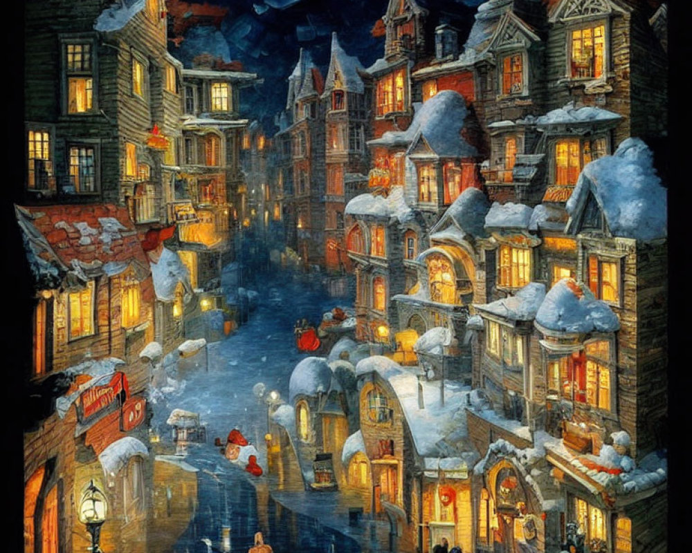 Snow-covered night street scene with warm windows and festive ambiance