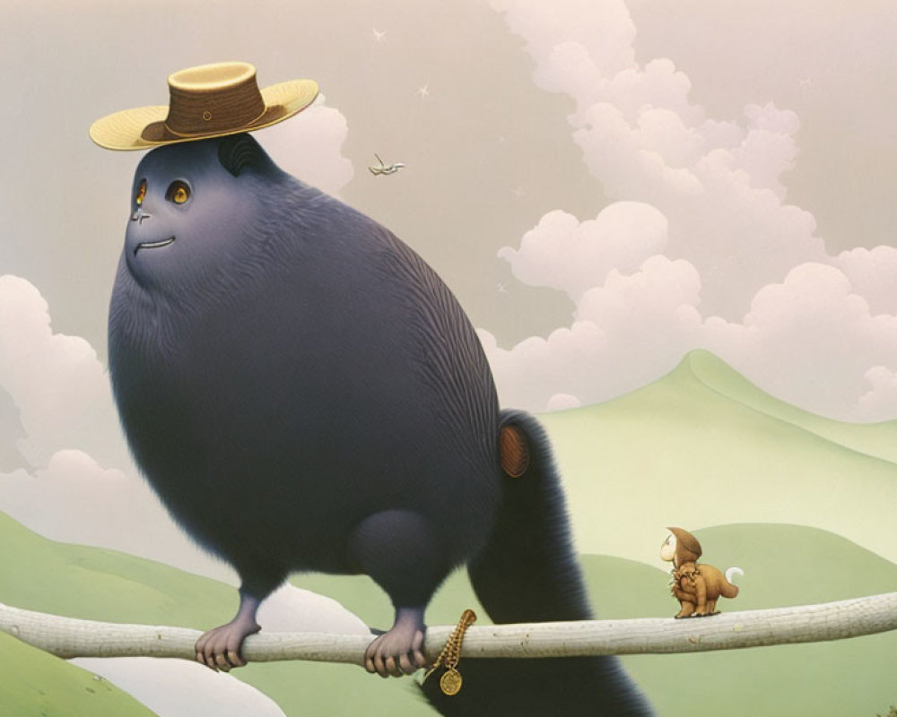Whimsical blue creature in hat on rope above green landscape