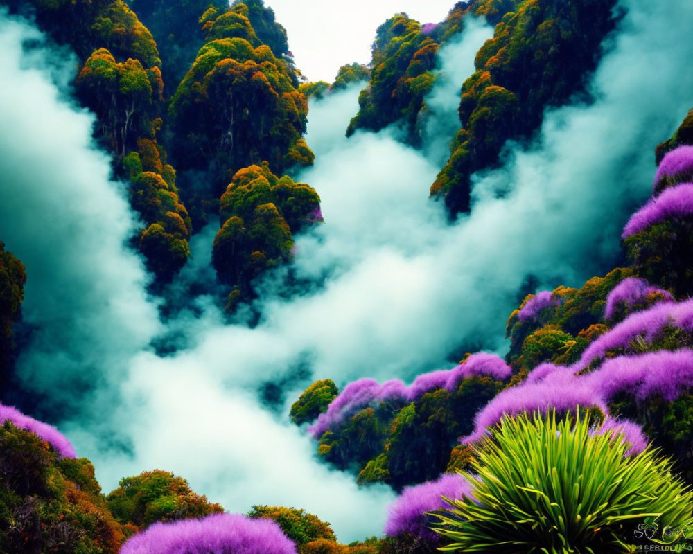 Vibrant purple flora in lush green mountains with swirling mist under bright sky