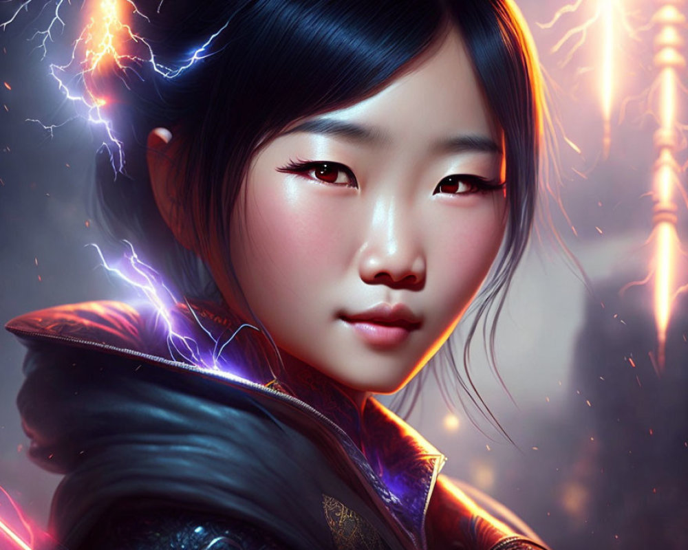 Digital portrait of woman with lightning effects for a dramatic, fantasy aesthetic
