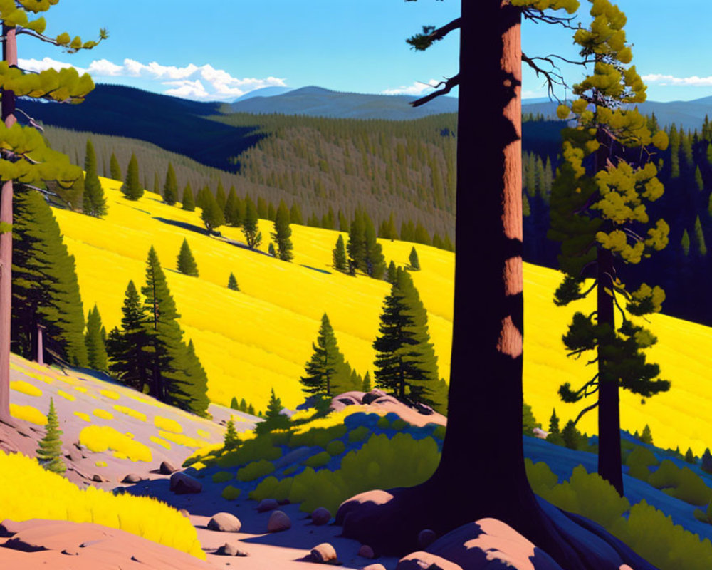 Colorful Forest Scene with Yellow Wildflower Field
