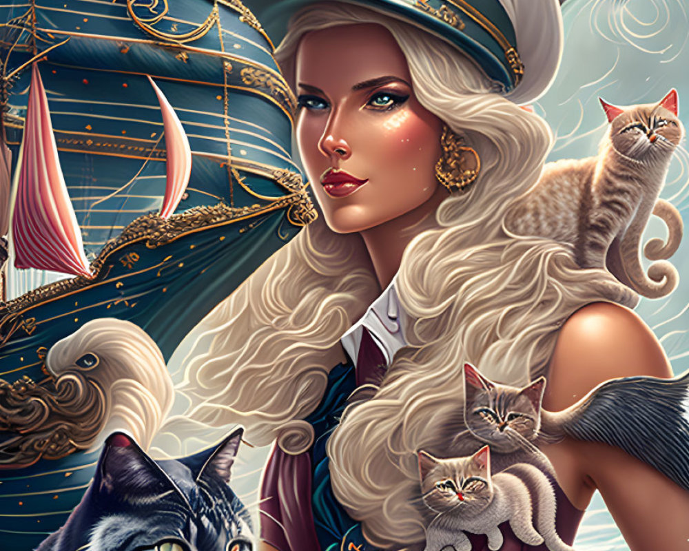 Maritime Scene with Woman, Cats, and Vibrant Ship