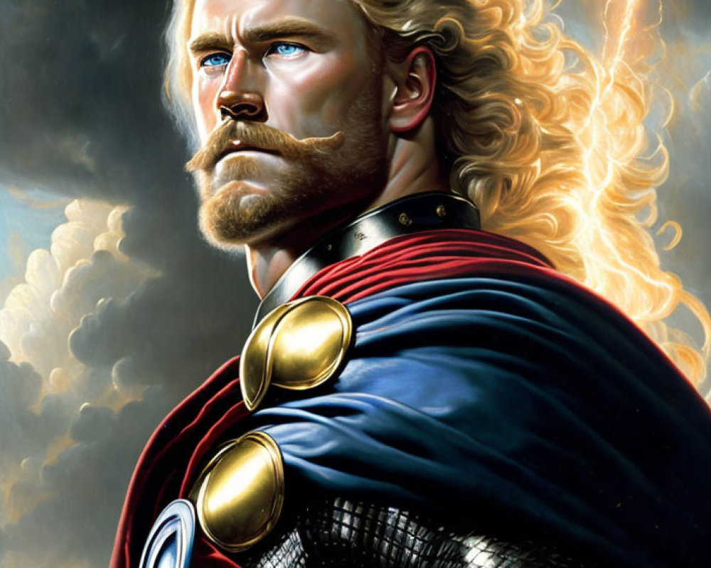 Blonde man in detailed armor with red cape, lightning bolt background
