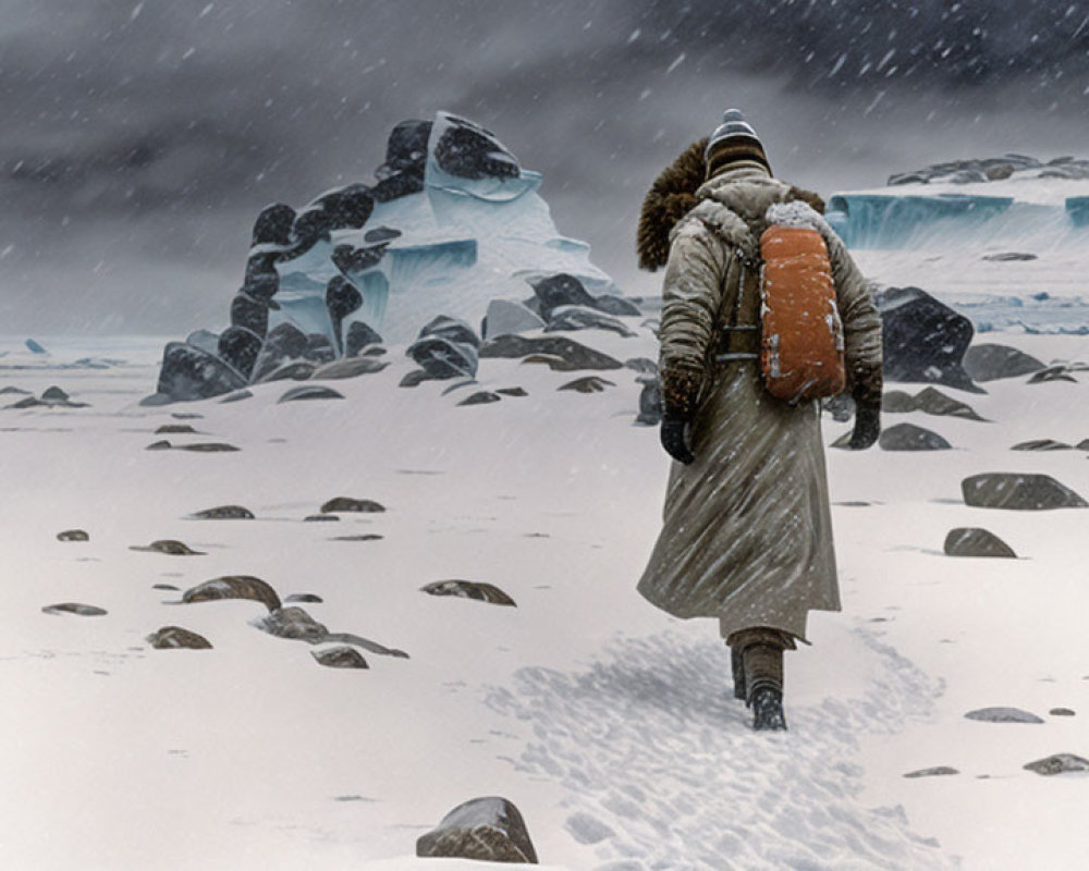 Person walking through snowstorm in icy landscape