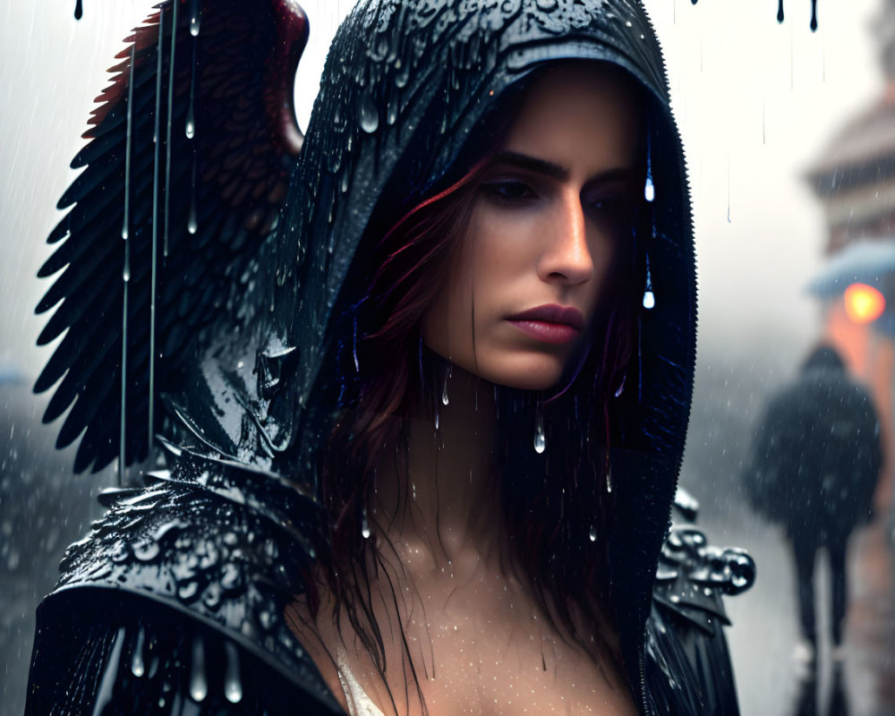 Somber woman in black feathered costume in the rain