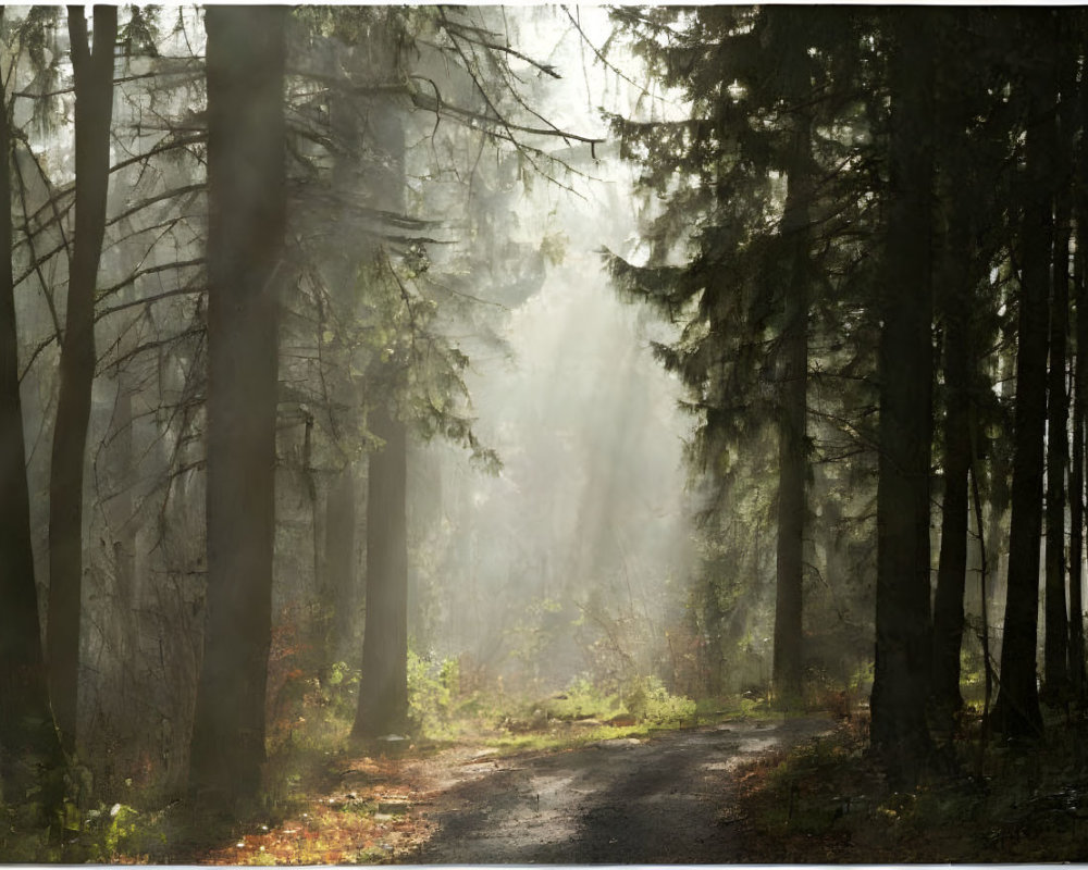 Misty forest with sunlight on winding dirt path