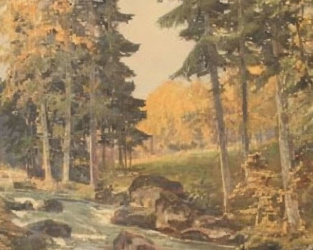 Serene autumn forest painting with golden leaves, stream, and tall trees
