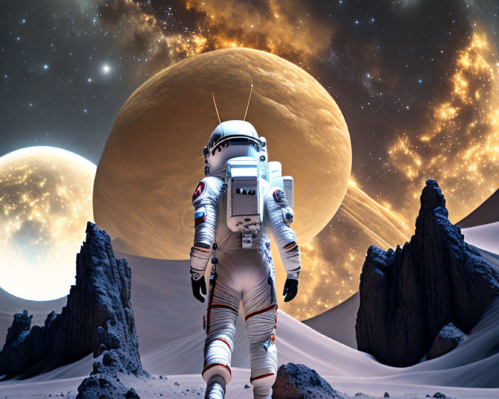 Astronaut explores alien planet with sand dunes and towering rocks