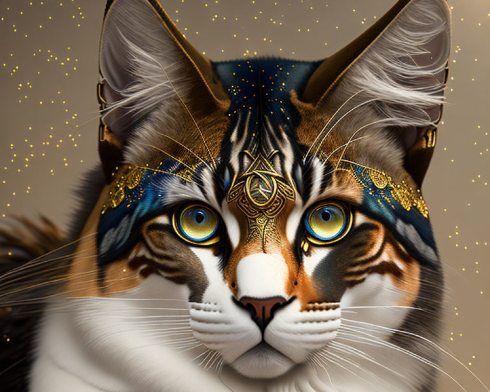Majestic cat with blue eyes in gold and blue headdress on starry backdrop
