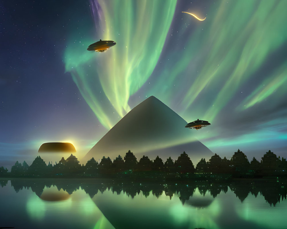 Surreal night sky with pyramid, green auroras, UFOs, and lake reflection