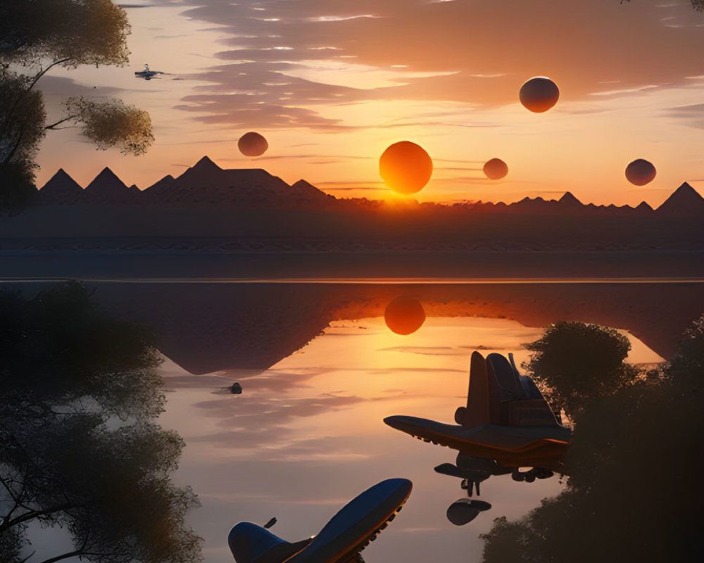 Tranquil lake sunset with airplane and helicopter silhouettes.