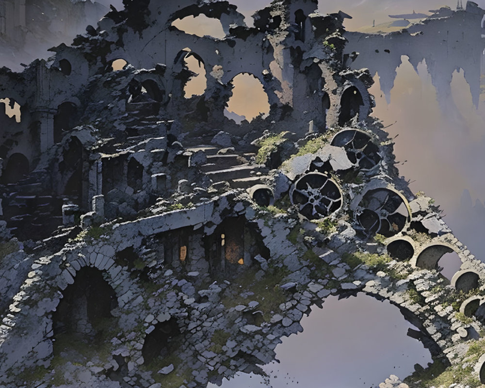 Ancient stone structure ruins with arches and gears in misty setting