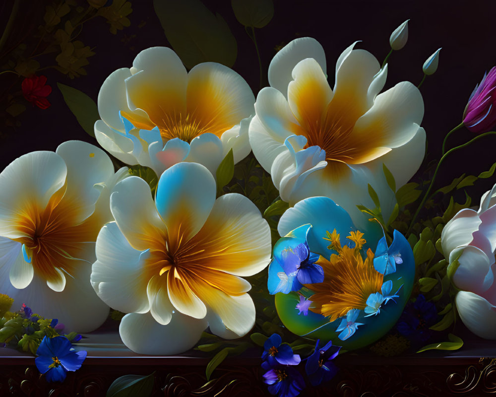 Colorful digital painting of white, yellow, blue, red flowers on dark background