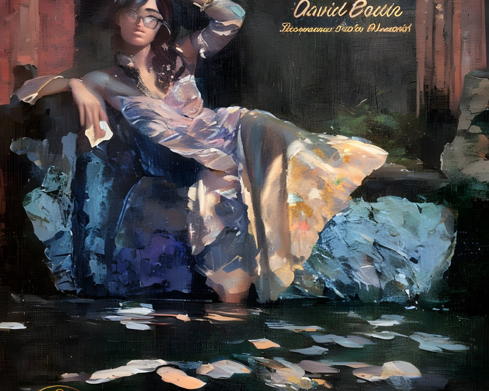 Contemplative woman by pond with fish and text "Streams of Thought & Consciousness