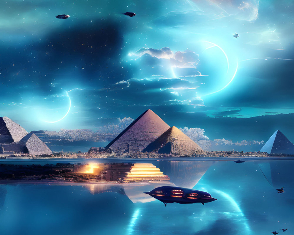 Futuristic landscape with illuminated Pyramids of Giza, spaceships, aurora-filled sky