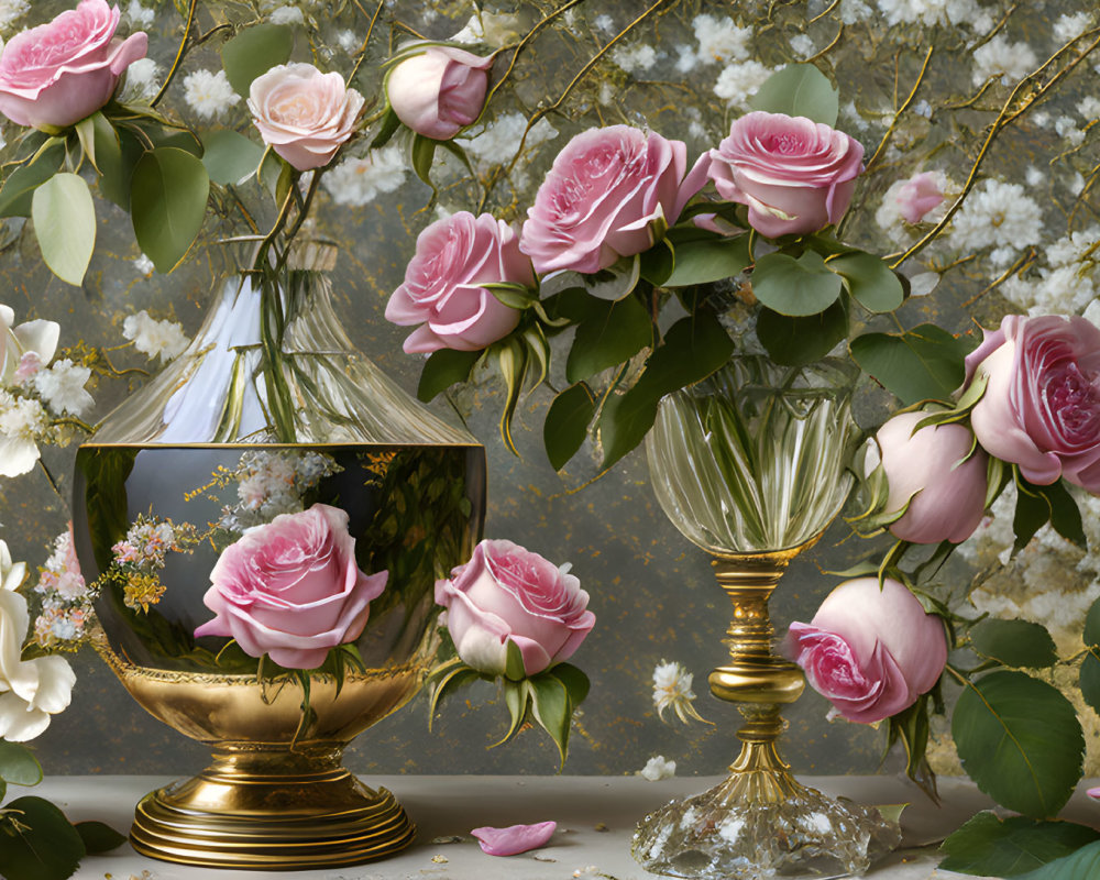 Pink roses and white blossoms in golden vase on grey backdrop