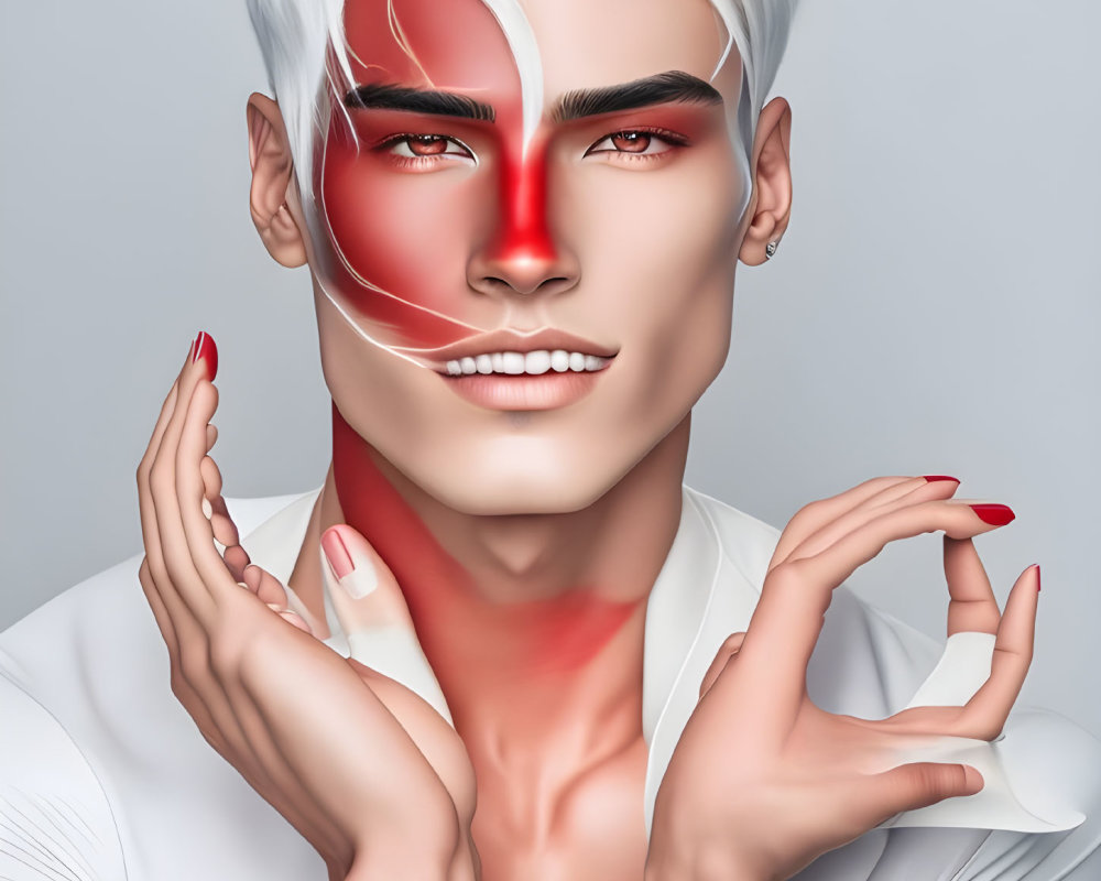 Stylish individual with white and red makeup, two-tone hair, red contacts, and matching nail