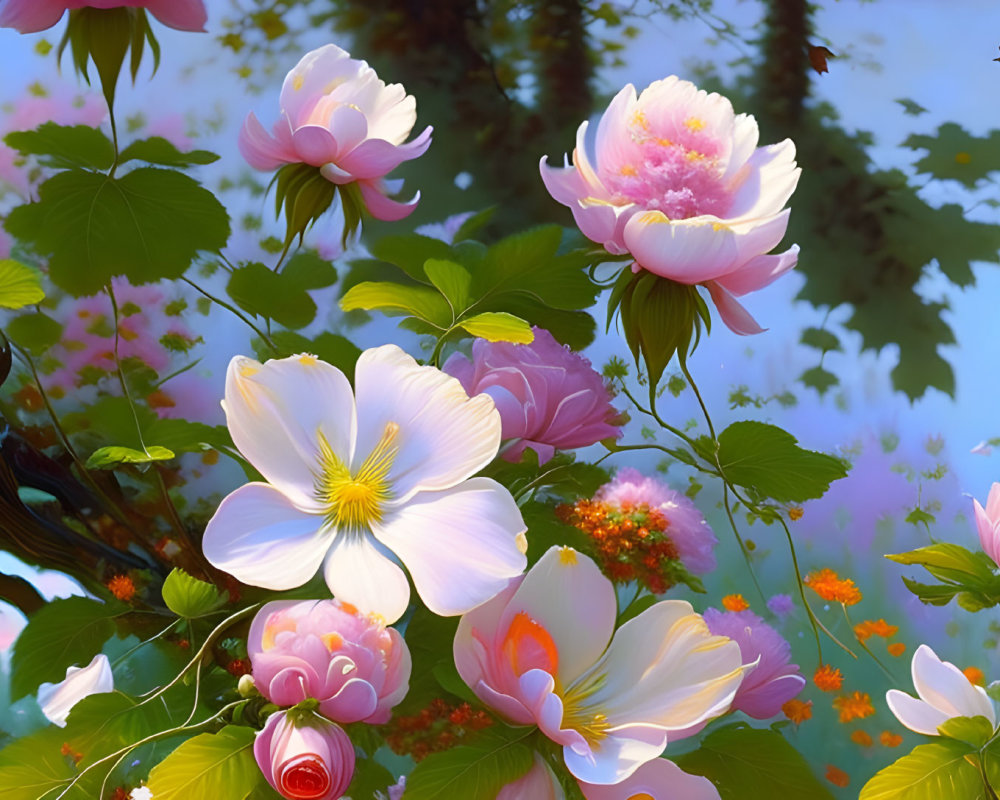 Colorful digital artwork: Blooming flowers, green leaves, insects under soft sky