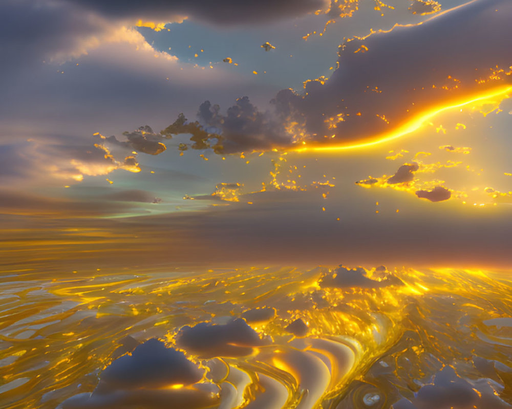Surreal golden seascape with cloud-filled sunset sky