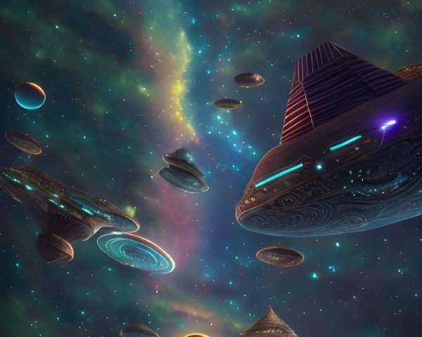 Various alien spaceships in cosmic scene with planets and nebulas