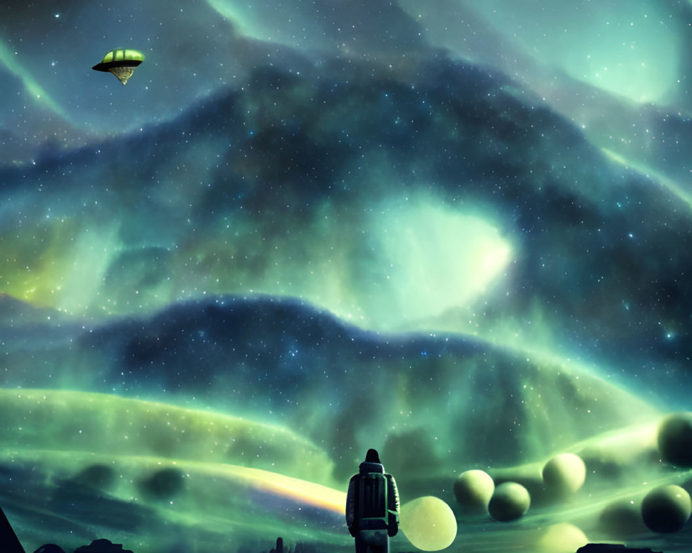 Person on Elevated Platform Under Night Sky with Auroras and Floating Orbs