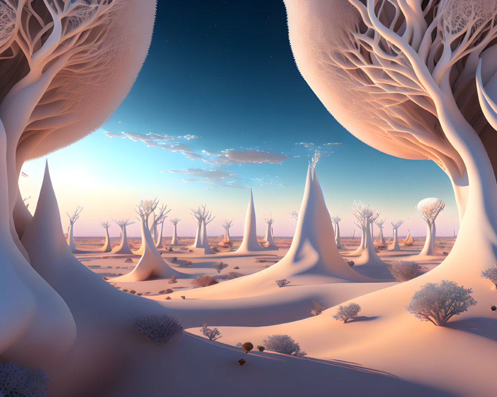 Surreal landscape with white tree-like structures under pastel sky
