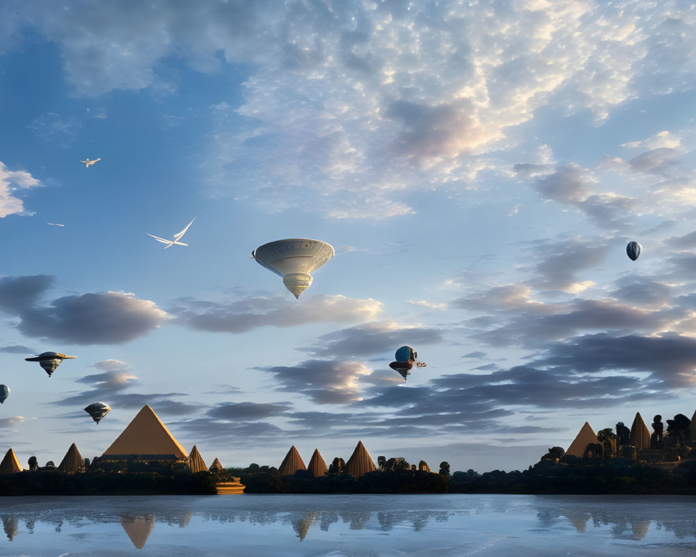 Ancient Egyptian landscape with pyramids, obelisks, and hot air balloons
