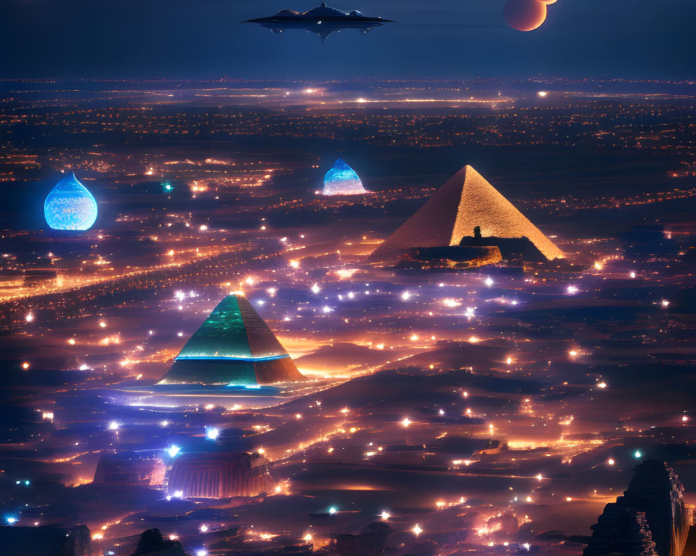 Futuristic night cityscape with pyramids, flying vehicles, and twin moons