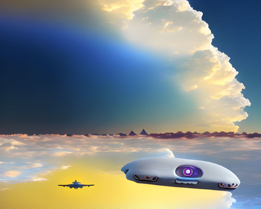 Sci-fi spacecraft over Egyptian pyramids in sunset to starry sky transition