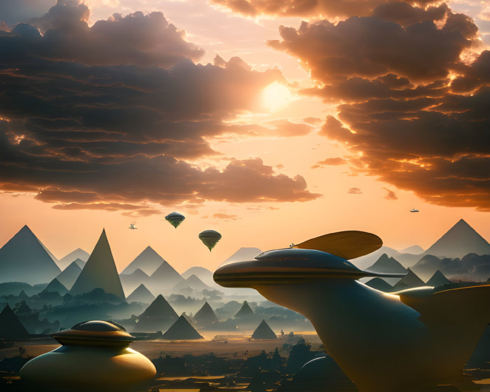 Futuristic sci-fi landscape with pyramids and flying vessels at sunset