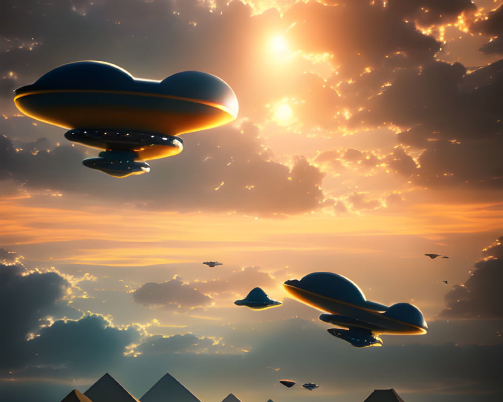Mysterious sunset with flying saucers over pyramid landscape