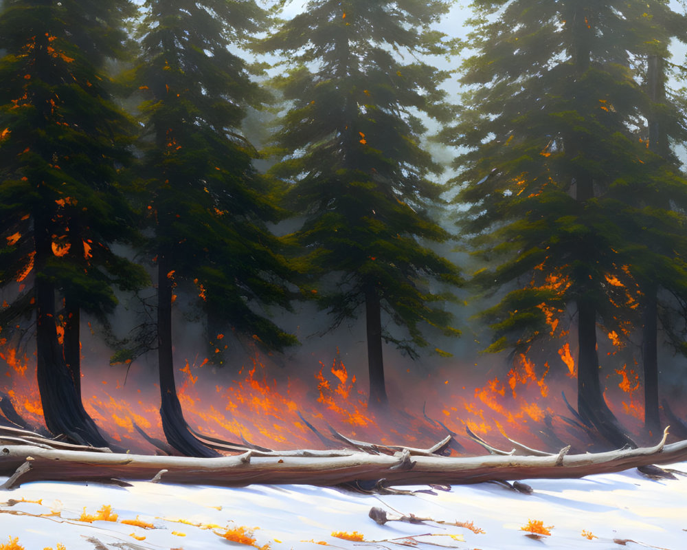 Tranquil forest landscape with misty ambiance and sunlight filtering through