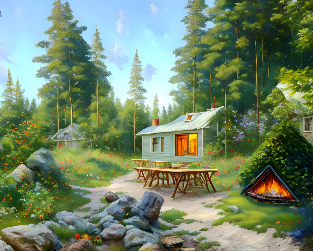 Tranquil forest cabin with wildflowers, campfire, and sunbeams