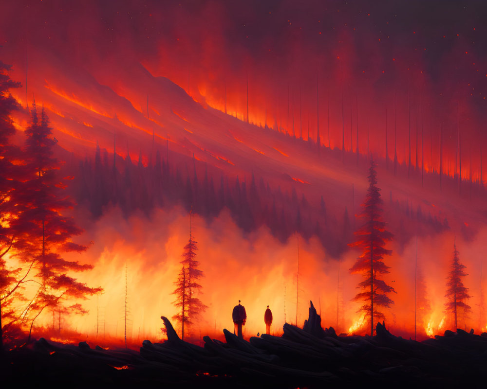Nighttime Forest Fire: Silhouettes of People Watching Red Sky