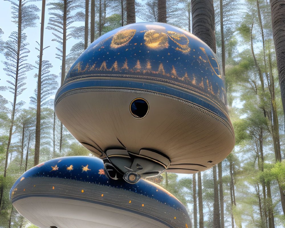 Fantastical spaceship in ancient forest with pyramids