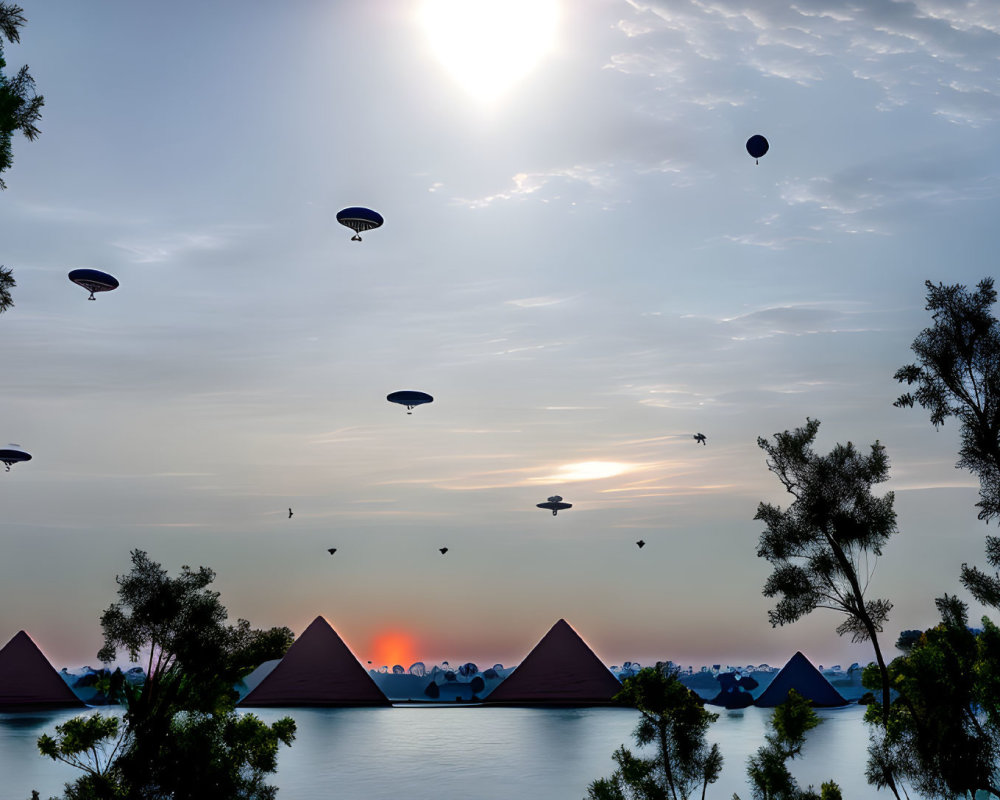 Scenic sunset with hot air balloons, trees, and pyramid-like structures.