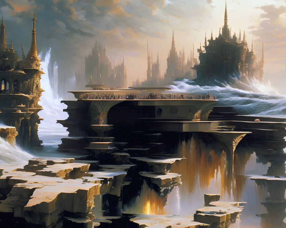 Majestic fantasy landscape with grand spires and glowing abyss