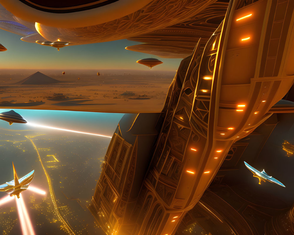 Futuristic cityscape with soaring towers and flying vehicles above a desert landscape