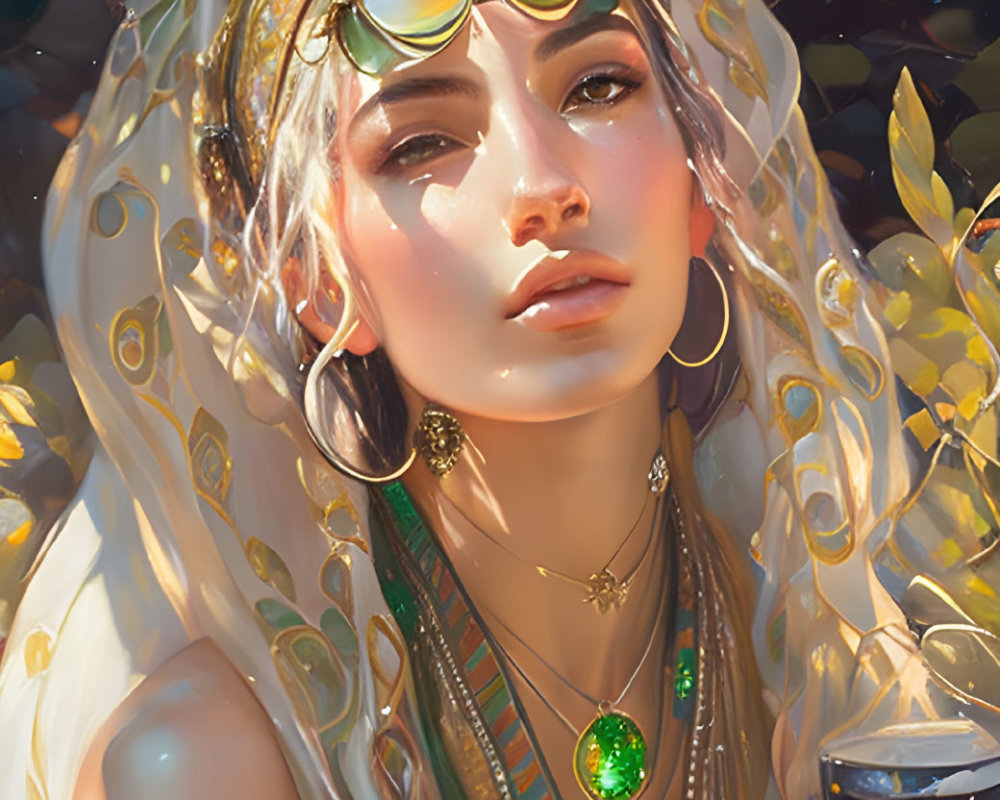 Woman in jewelry and headscarf under dappled sunlight.
