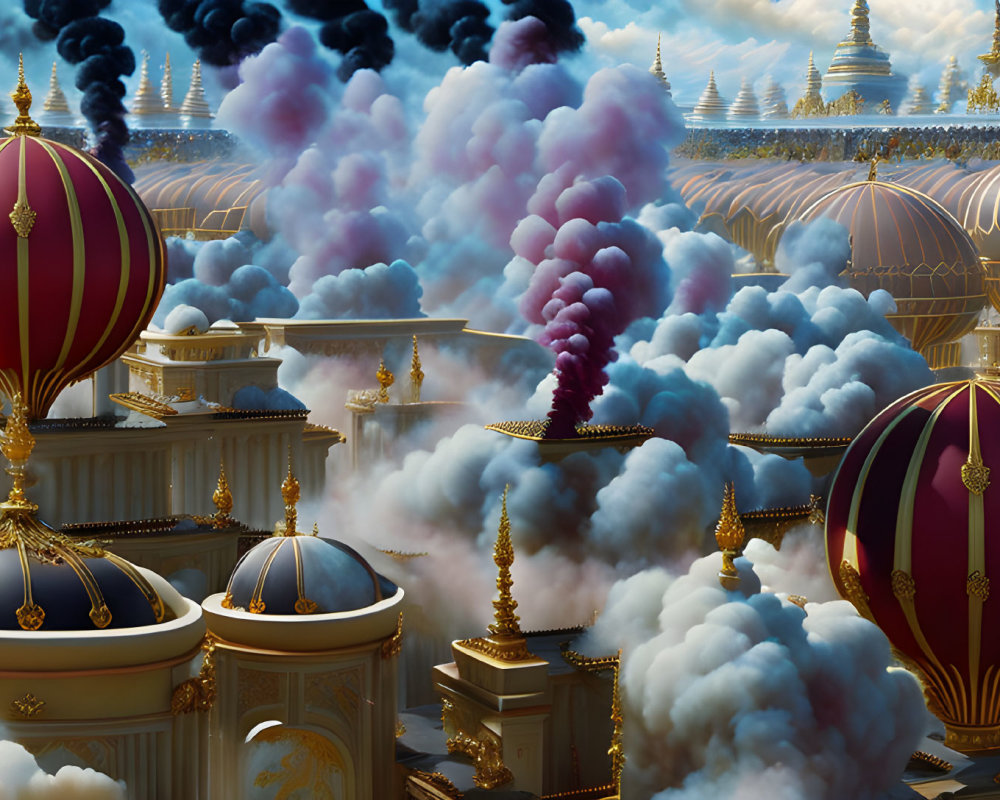 Fantastical cityscape with ornate dome-topped buildings and smoke plume