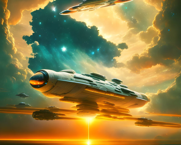 Sci-fi scene: Spaceships over planet, sunset clouds.