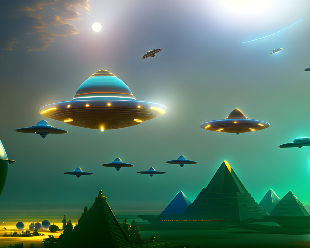 Futuristic landscape: pyramids, UFOs, greenish sky, two suns