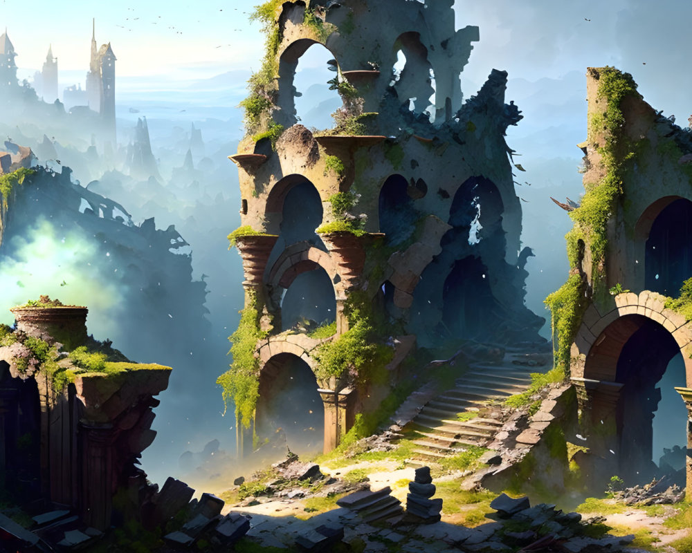 Ancient overgrown structure with arches and stairways in misty mountain landscape