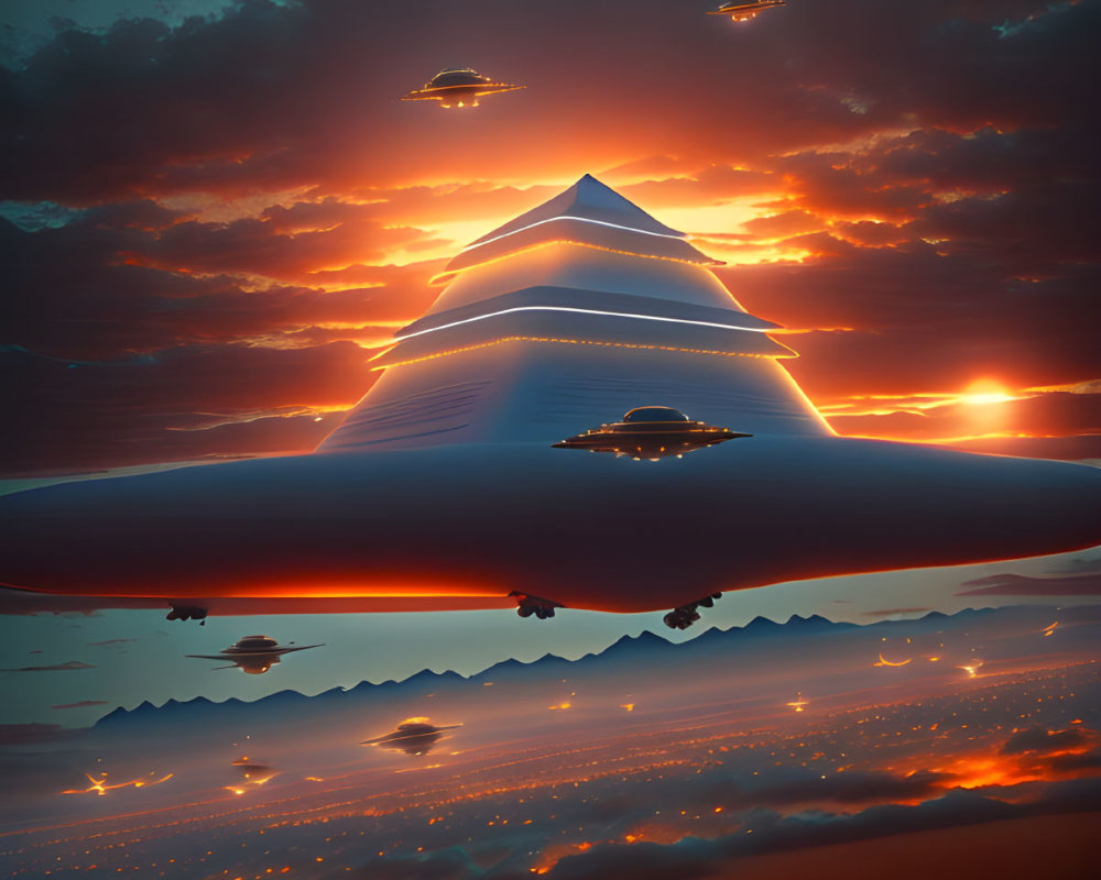 Sci-fi landscape with flying saucers and spaceship on mountain