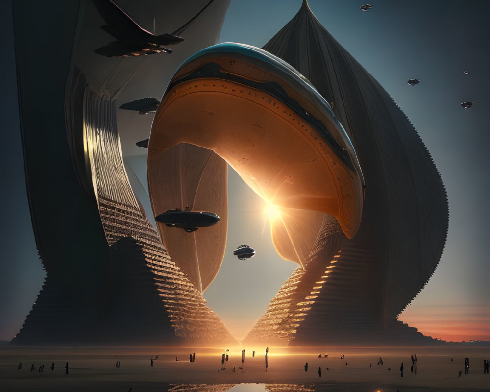Futuristic cityscape with towering structures and airship at dusk